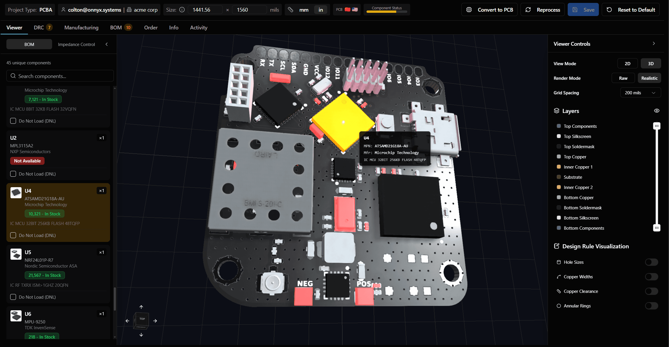3D PCBA viewer with component highlighting and BOM panel