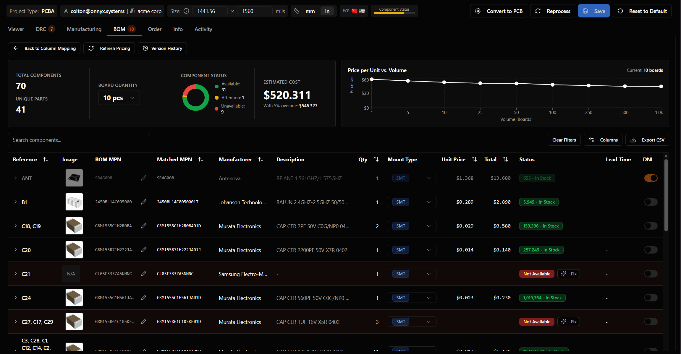BOM sourcing with real-time pricing, stock alerts, and alternative components