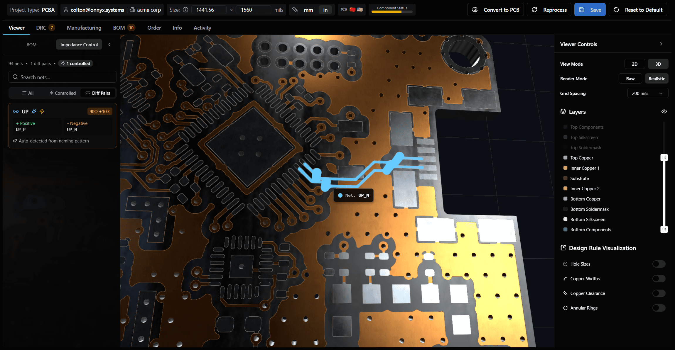 3D viewer showing impedance control designation on differential pairs
