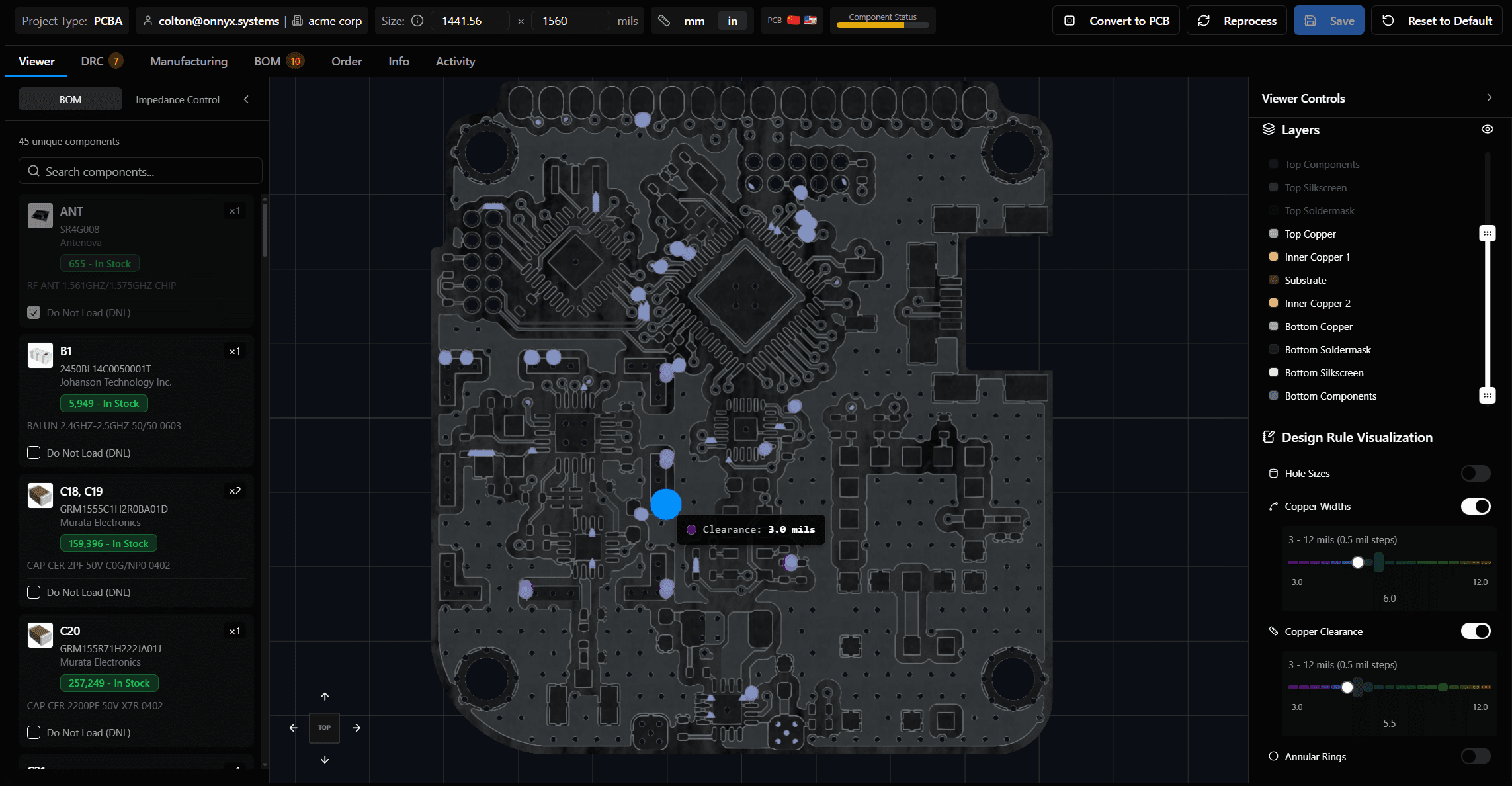 DFM analysis catching clearance and trace width issues before manufacturing
