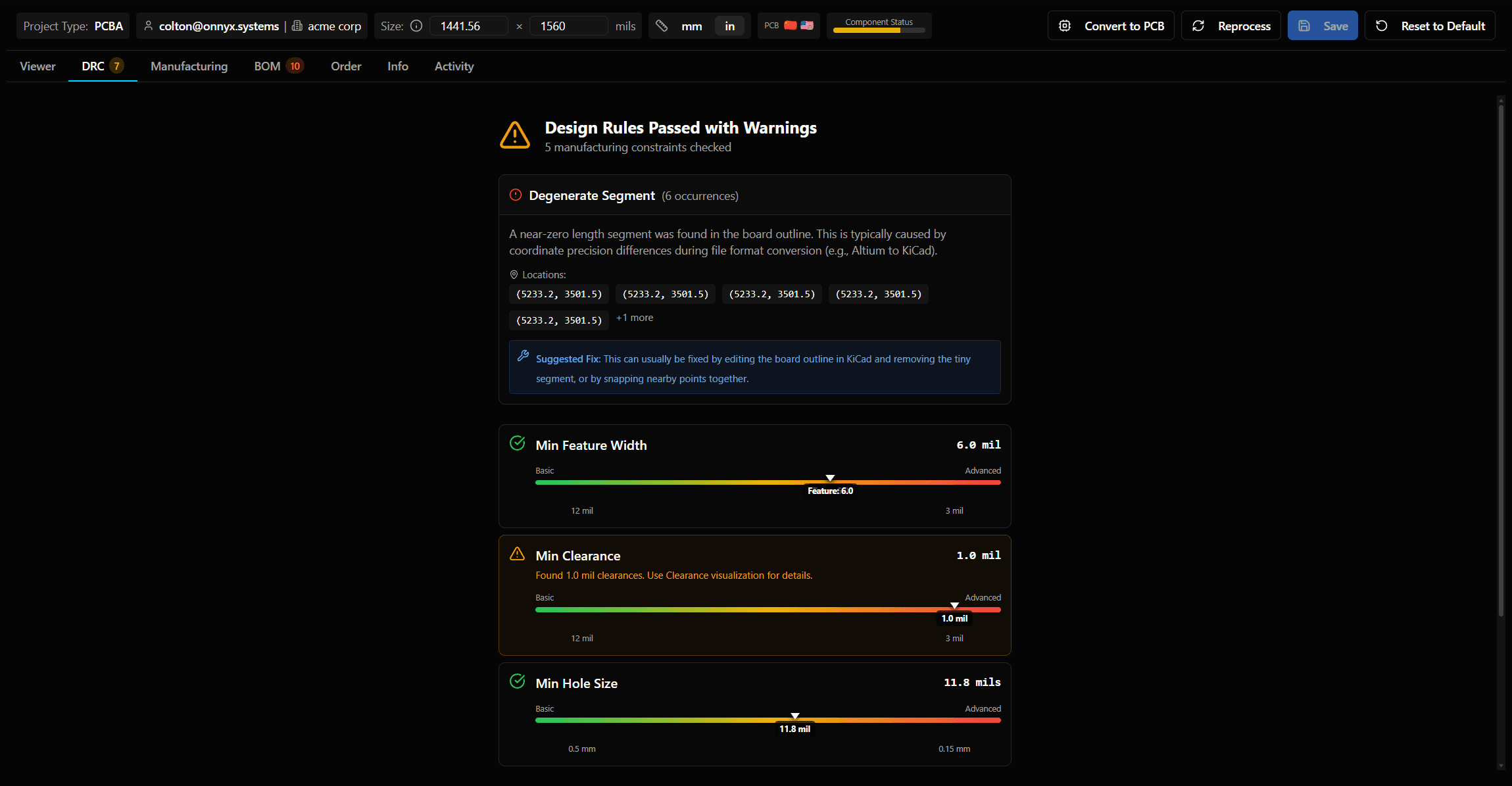 Pre-factory checks showing board specs and geometry analysis